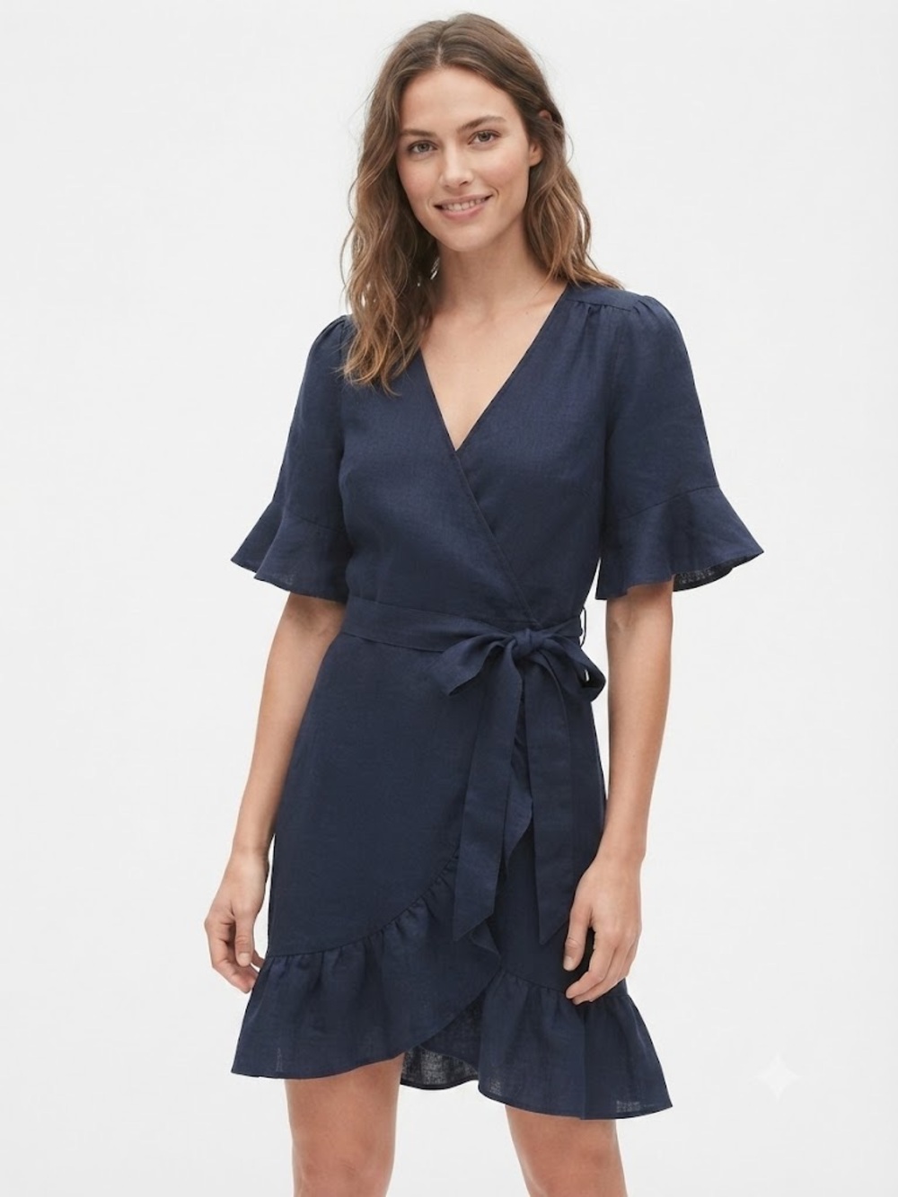 GAP 100% linen Navy Wrap Ruffle Dress Women’s medium short